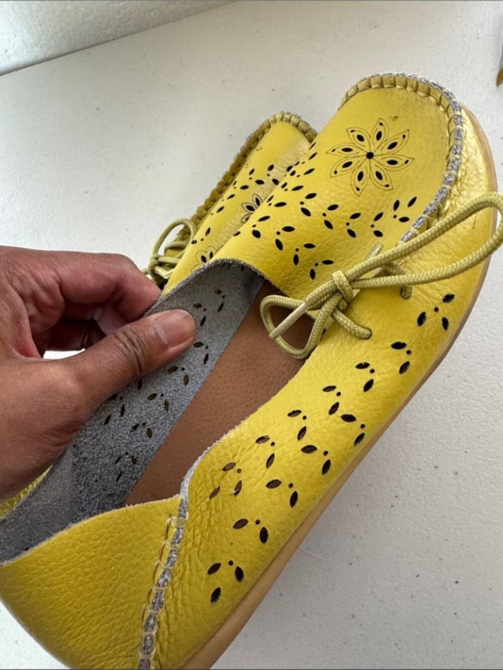 Women's Yellow Leather Perforated Slip-On Loafers 38 Floral Cutout Boho Chic - Picture 10 of 13
